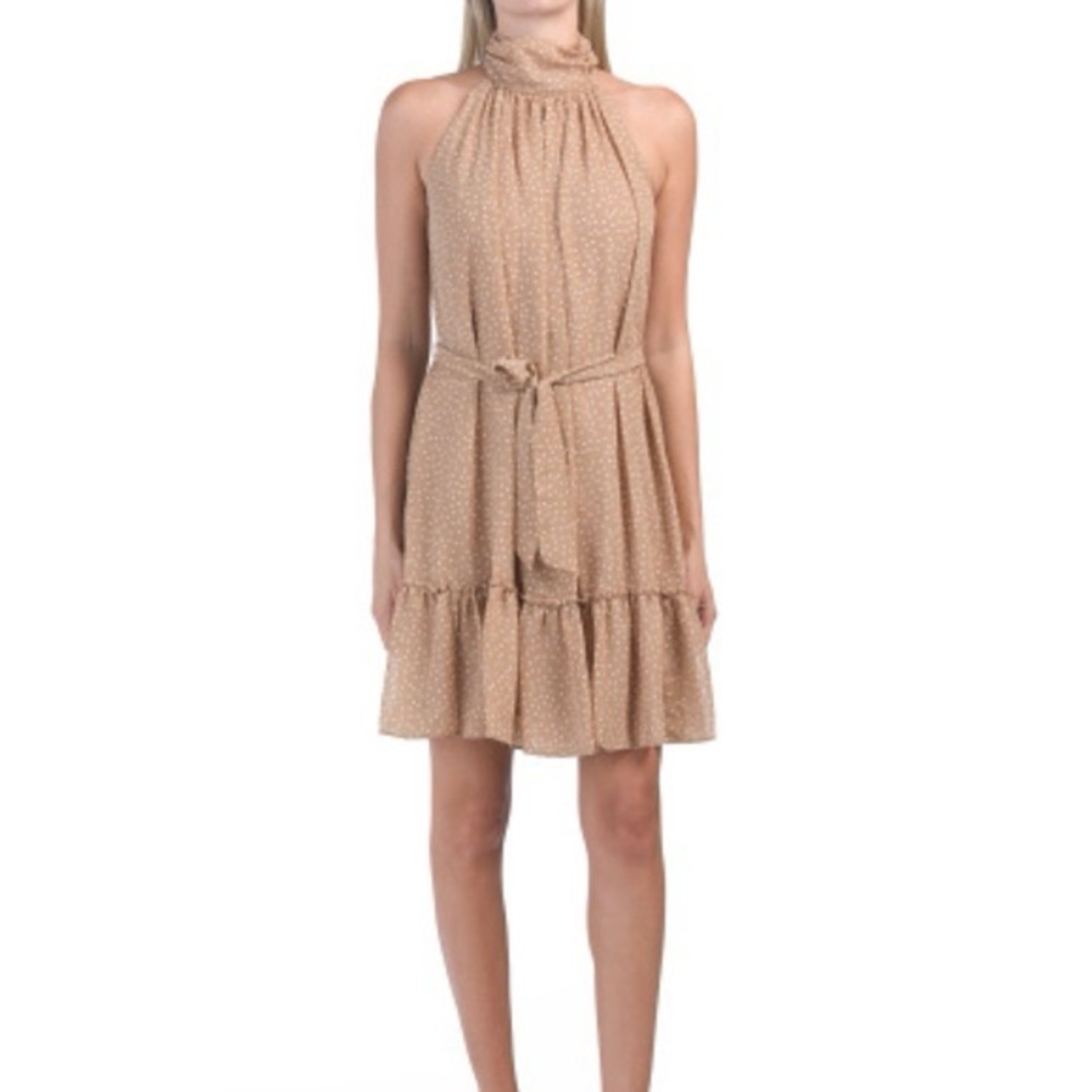 Taylor Tan Polka Dot Mini Dress white beige halter sleeveless ruffle beach 4